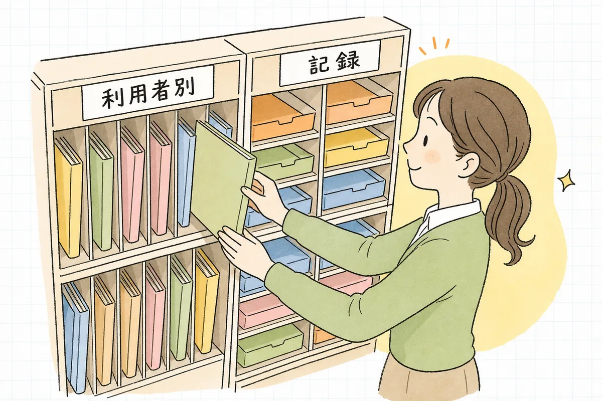利用者ごとに区切られた棚へ書類を収めながら、ほっとした表情を見せる介護事業所の事務担当者