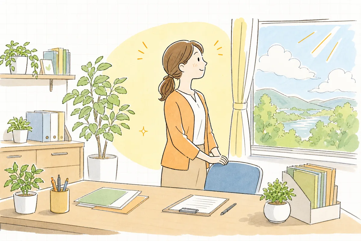 片づいた相談室で窓の外の穏やかな景色を眺め、晴れやかな表情でひと息つく介護事業所の事務担当者