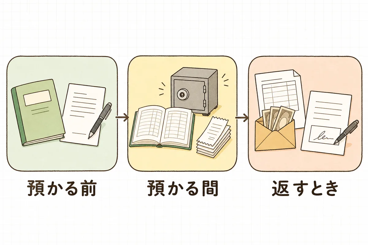 預り金の事務を「預かる前」「預かる間」「返すとき」の3つの場面に分けて並べた概念図
