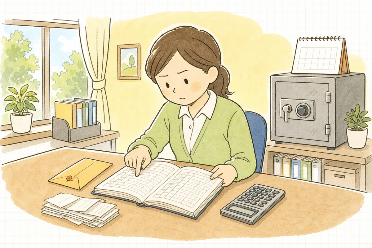 事務室の机で預り金の出納簿を開き、封筒に入った現金と領収書を並べて残高を静かに確認している介護事業所の事務担当者