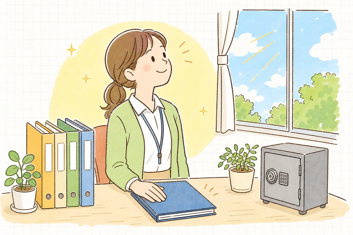 整えた預り金の出納簿を閉じ、明るい窓辺で肩の力を抜いて穏やかにほほえんでいる介護事業所の事務担当者
