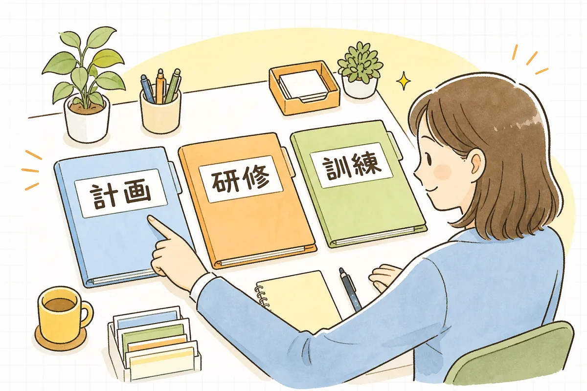 計画づくり・研修・訓練という流れを、ひとつずつ確かめながら進める介護事業所の事務担当者