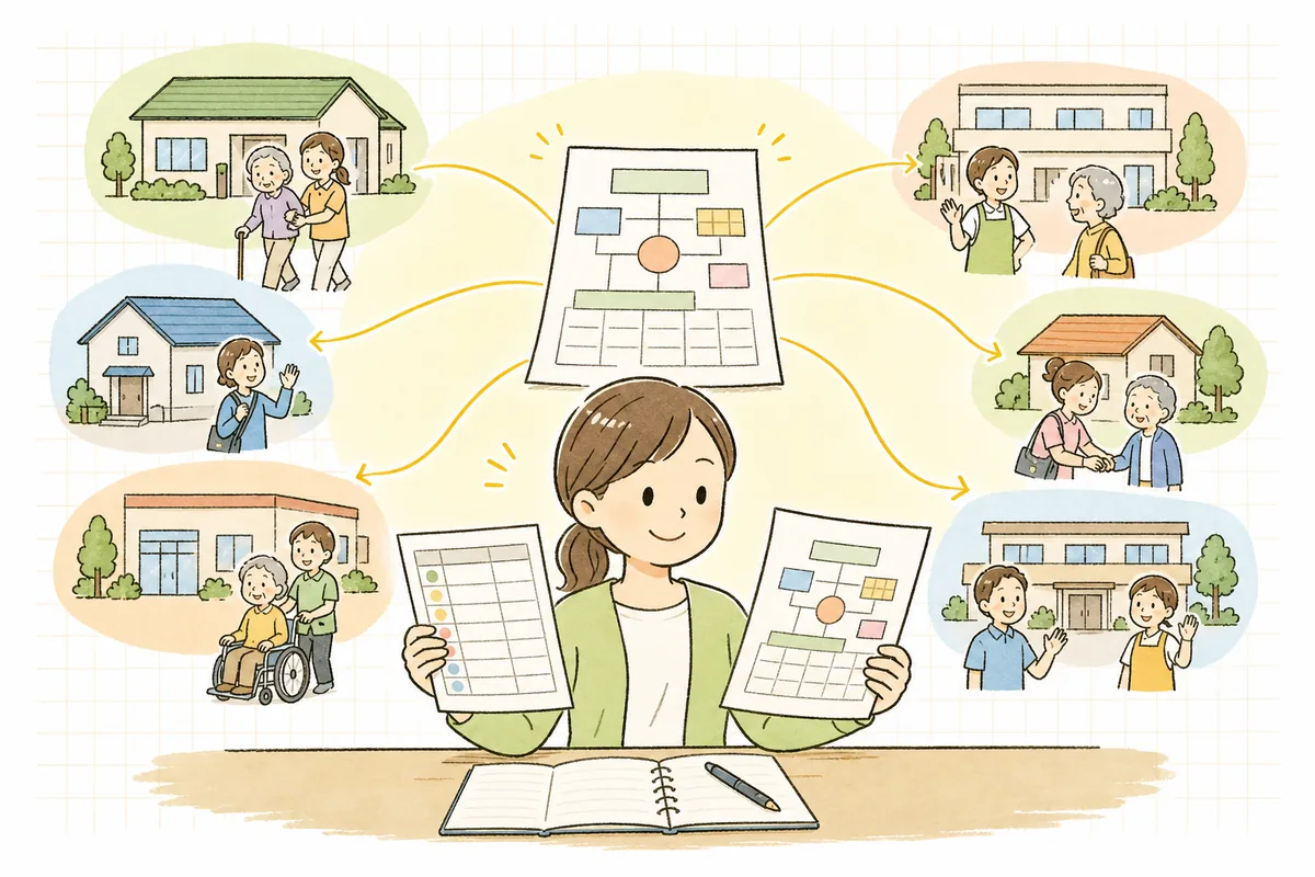 ケアプランという一枚の計画書を中心に、サービスの予定・実績や給付管理・請求がつながっていく様子を確かめる介護事務の担当者