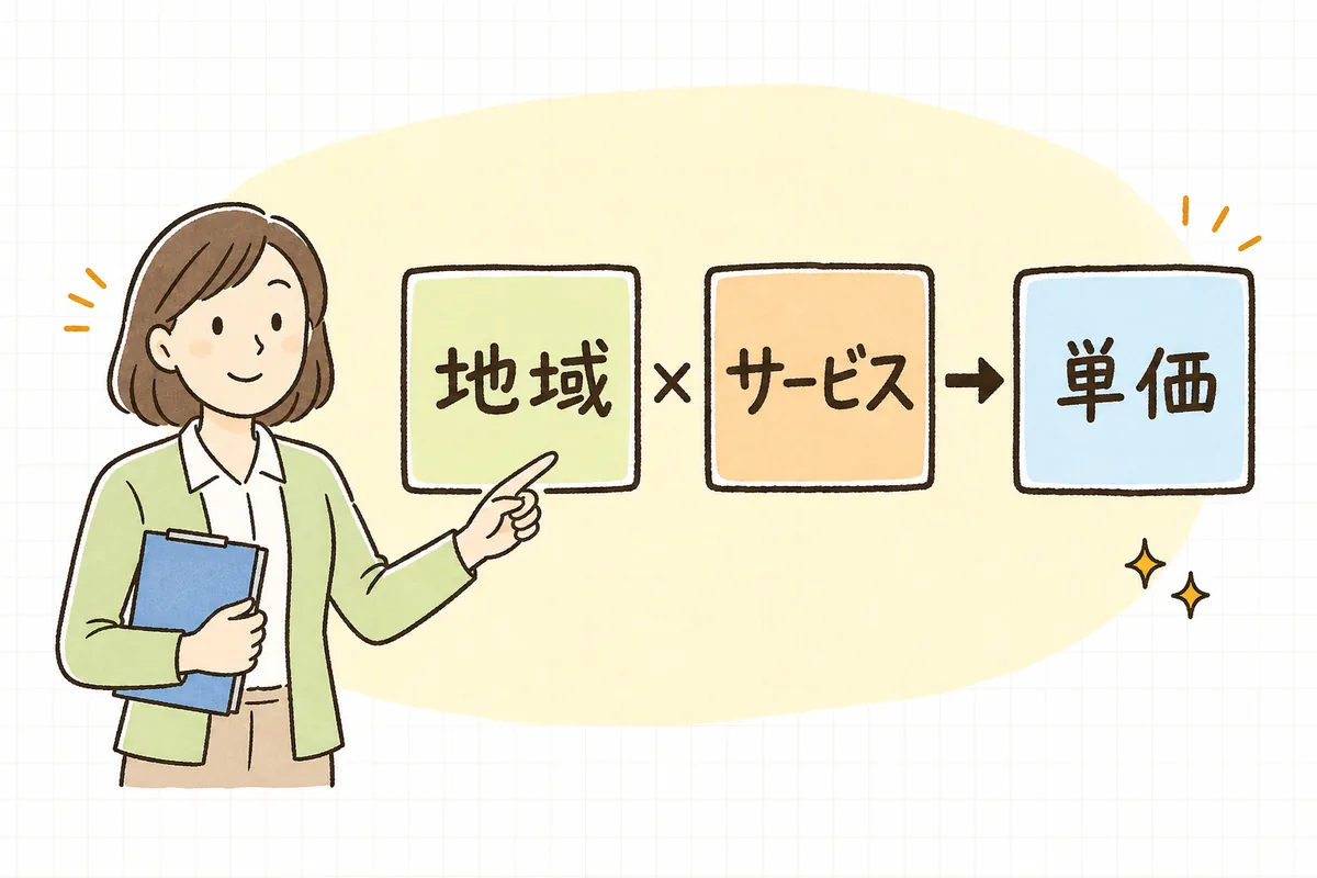 1単位の単価が地域区分とサービス区分の掛け合わせで決まることを2つの箱と矢印で示した介護事業所向けの説明図