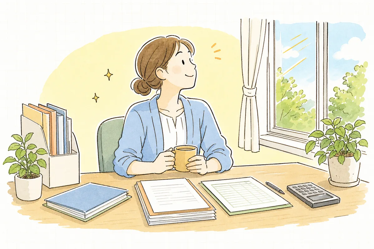 単価の計算が合って納得した表情で、片づいたデスクのそばから昼の光が差す窓の外を見て、肩の力を抜いてほほえむ介護事業所の事務担当者