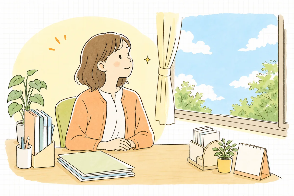割合台帳と勤務表を整え終えて肩の力を抜き、晴れた窓の外を見てやわらかくほほえむ介護事業所の事務担当者