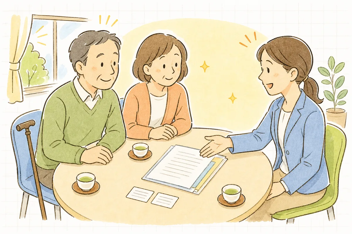 介護事業所の相談室で、50代くらいの利用者とその家族を前に、事務担当者が介護保険の書類を一緒に確かめながら、やわらかい表情で受付をしている場面