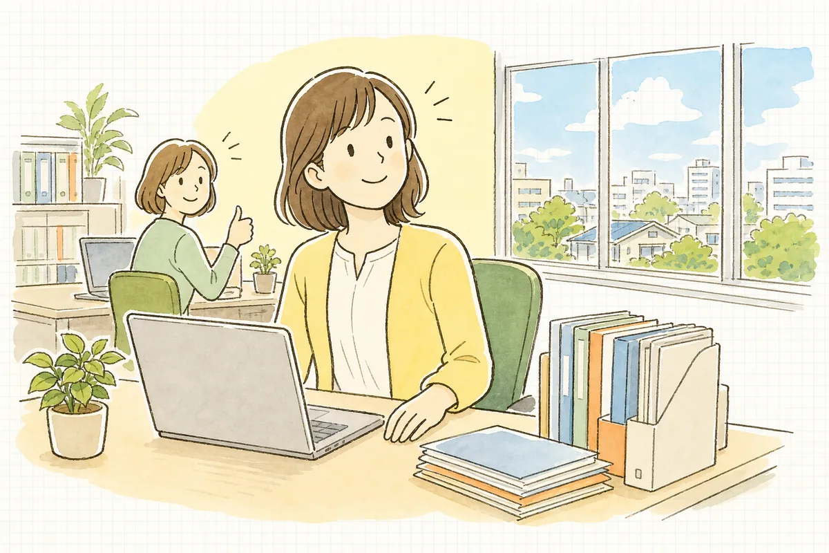 電子申請の送信を終えて画面から顔を上げ、同僚とうなずき合っている介護事業所の事務担当者