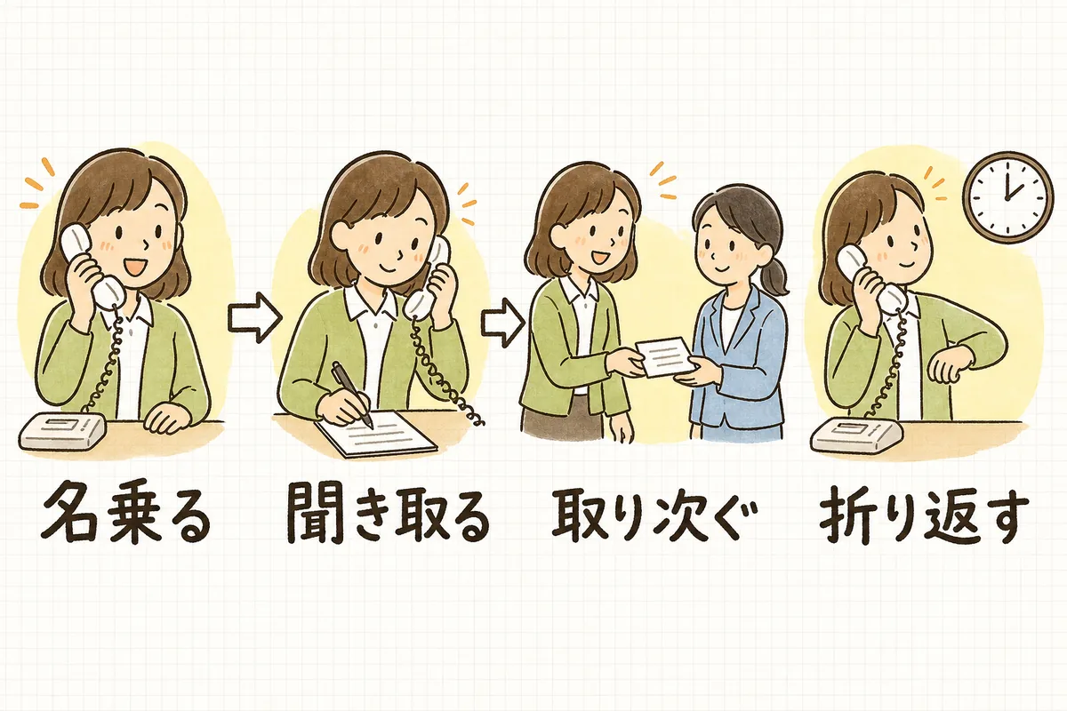 電話応対を「名乗る」「聞き取る」「取り次ぐ」「折り返す」の4つの場面に分けて左から順に並べた説明図