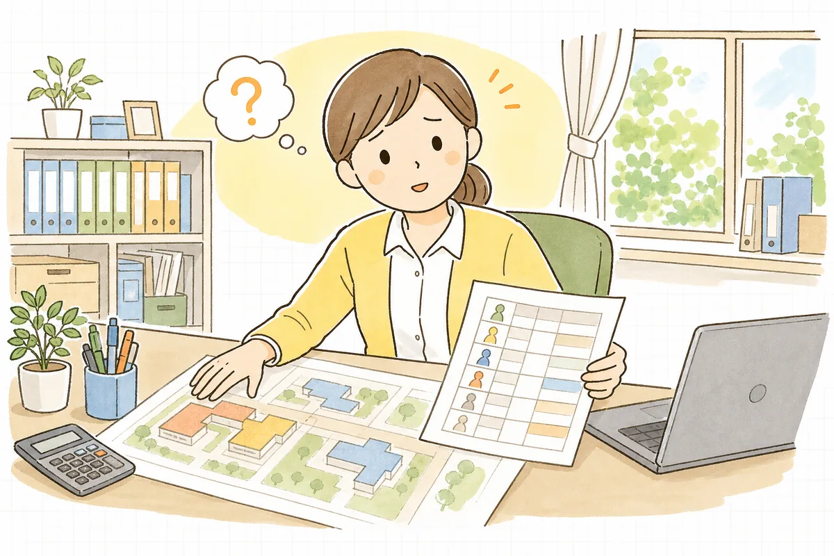 事業所の隣に建つ高齢者向け住宅の見取り図を広げ、どの利用者が減算の対象になるかを利用者一覧と見比べている介護事業所の事務担当者