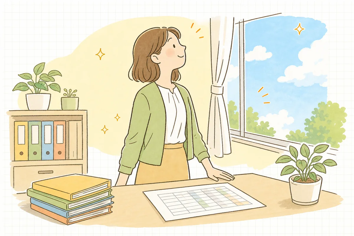 建物ごとの整理が済んだ一覧表を机に置き終え、明るい窓の外を見てほっとひと息ついている介護事業所の事務担当者