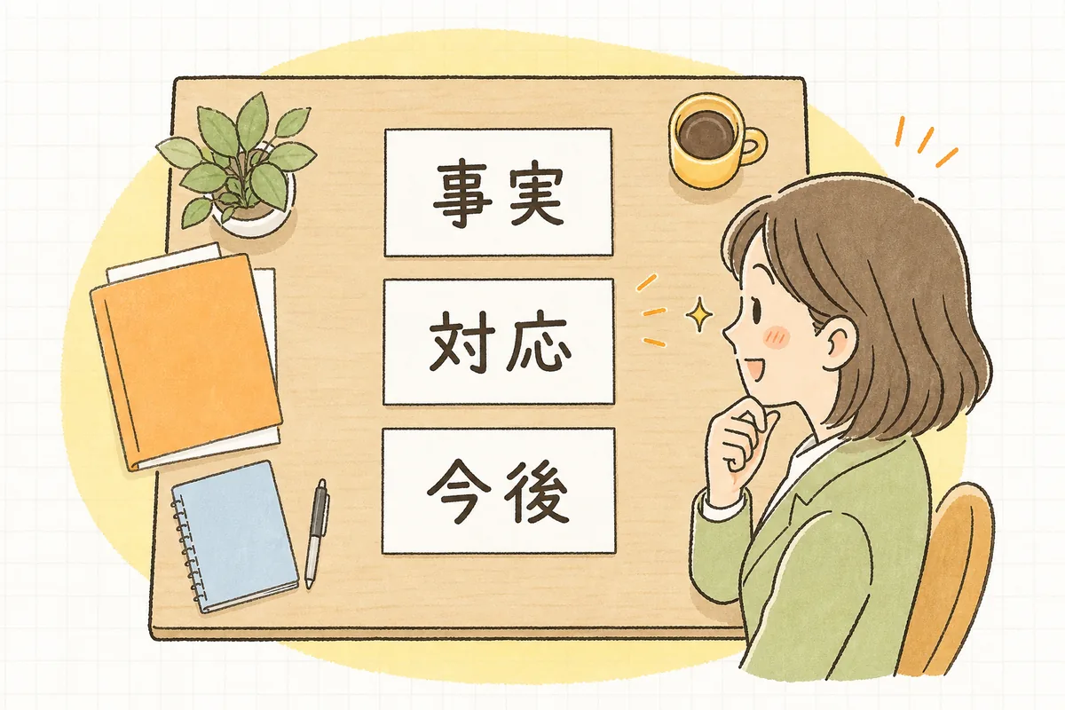 メモカードを上から三段に並べ、伝える順番が見えて表情が明るくなる介護事業所の相談員