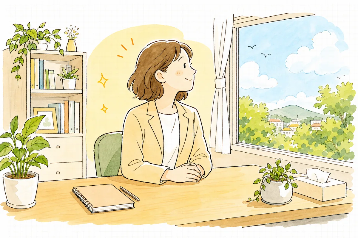 伝え終えて安心し、窓の外の晴れた景色を見てやわらかくほほえむ介護事業所の相談員