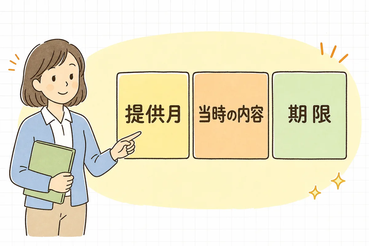 月遅れ請求で確認したい3つのポイントを箱に分けて指し示す介護事業所の事務担当者の説明図