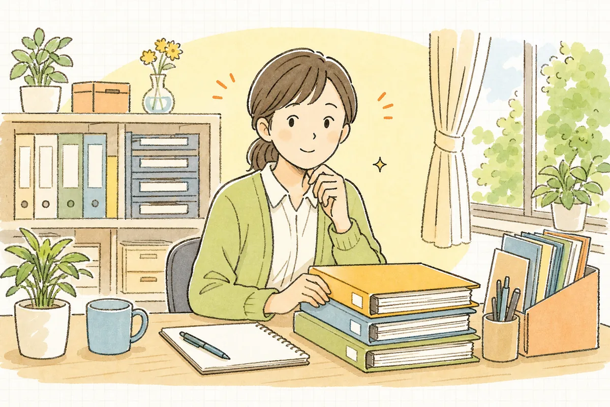 虐待防止に関する書類を前に、何からそろえようかと考えながらも落ち着いて向き合う介護事業所の事務担当者