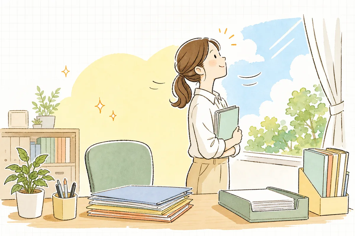 4つの書類を整え終えて片づいたデスクのそばで、窓の外の明るい空を見上げてほっとひと息つく介護事業所の事務担当者