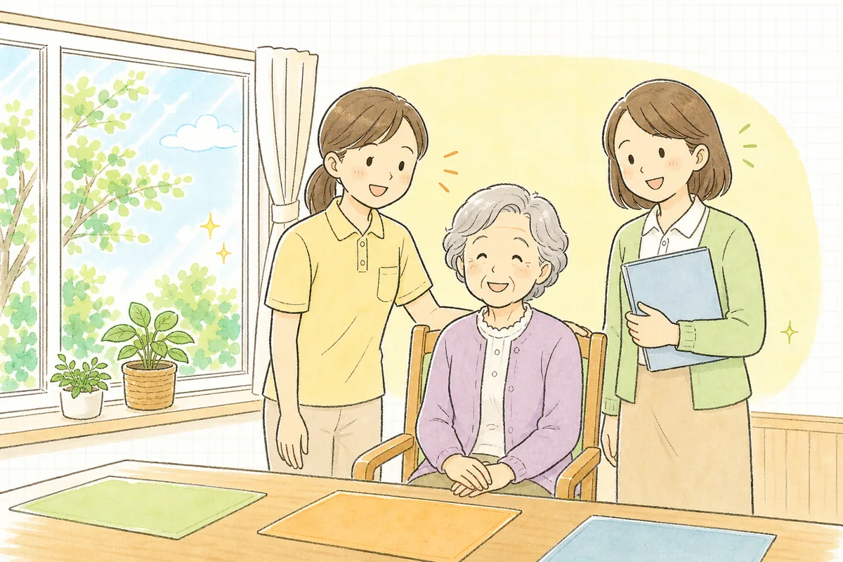明るい食堂の窓辺で、椅子に座った高齢の女性利用者と介護職員、事務担当者が穏やかにほほえんで過ごしている場面