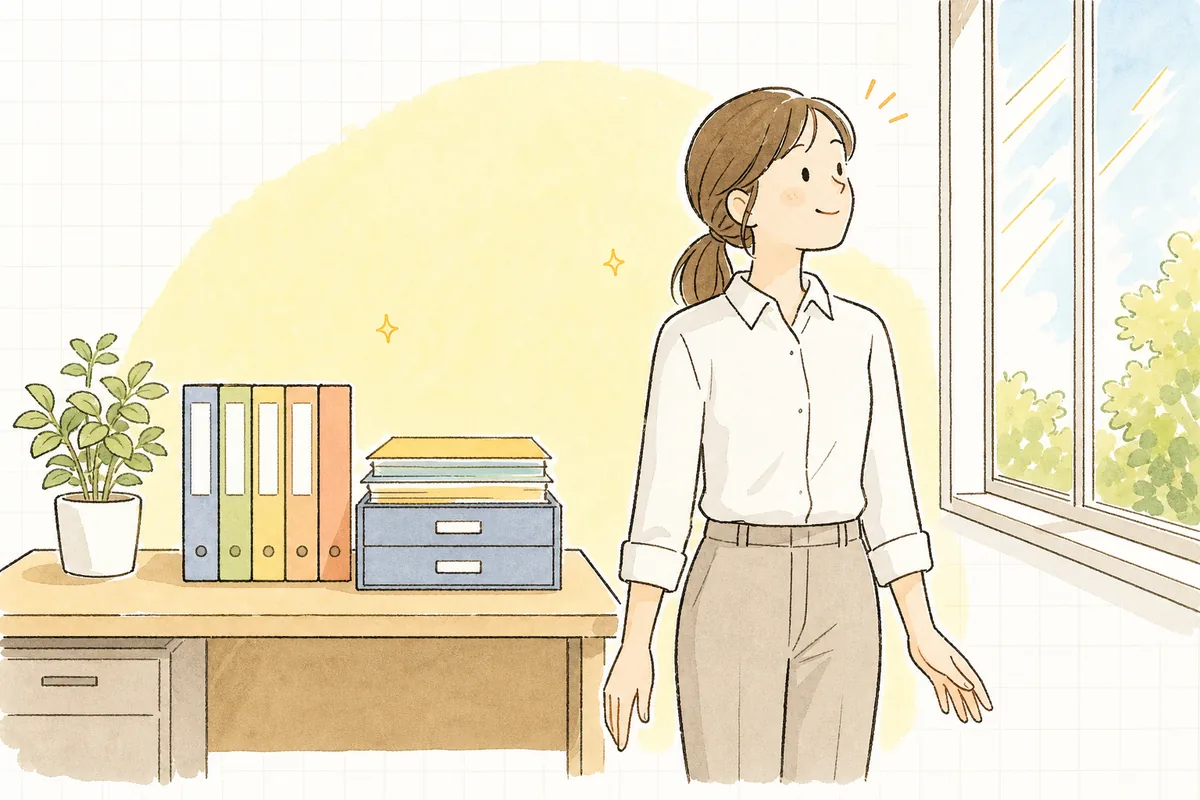 整理し終えたファイルが並ぶ机のそばで、明るい窓の外を見て肩の力を抜いてほほえんでいる介護事業所の事務担当者