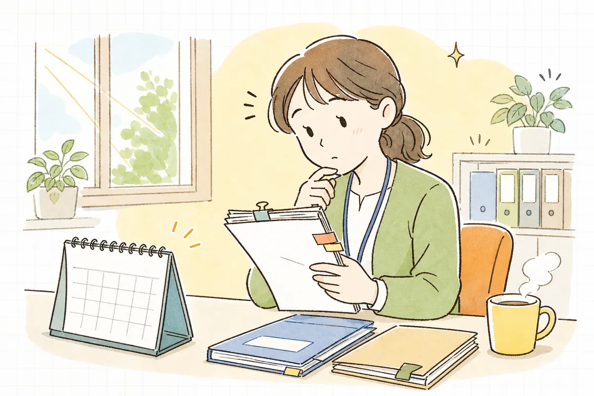 事務室の机で変更届の用紙とカレンダーを見比べ、提出期限を確認している介護事業所の事務担当者
