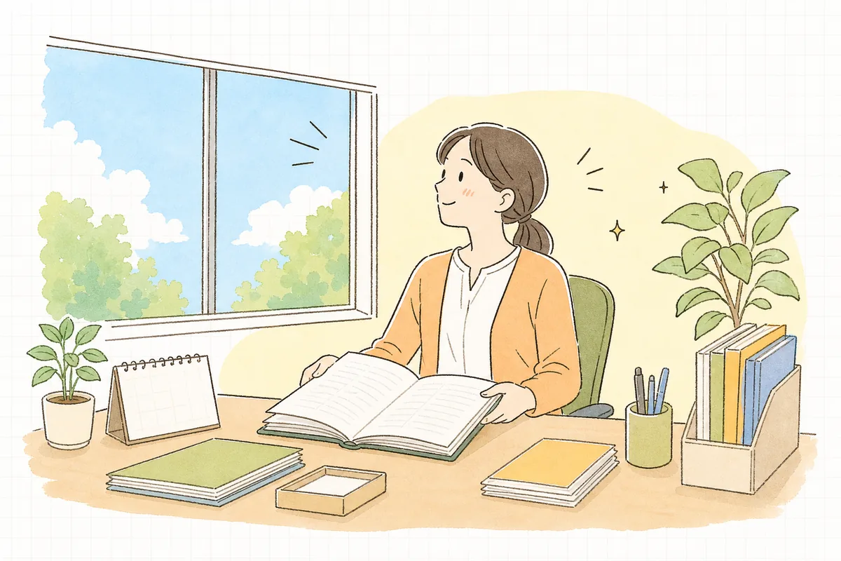 届出台帳を開き、期限を書き込み終えて肩の力を抜き、晴れた窓の外を見てやわらかくほほえむ介護事業所の事務担当者