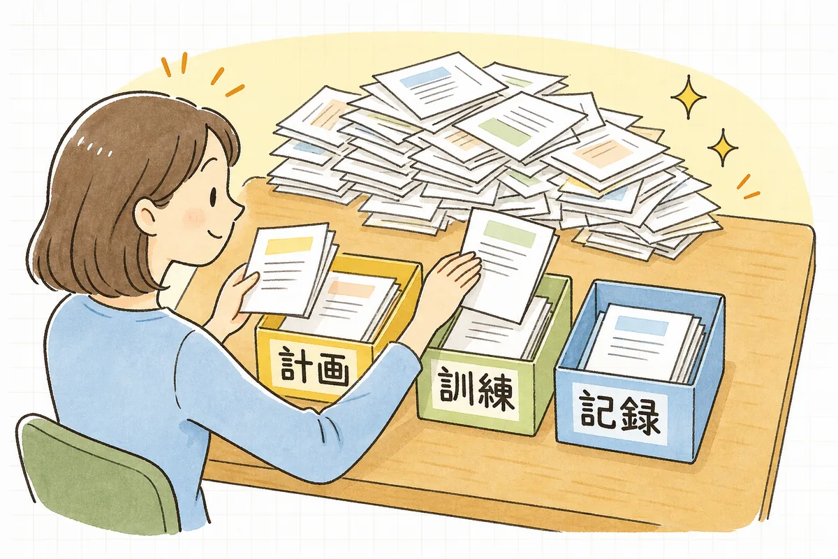 非常災害への備えを「計画」「訓練」「記録」の3つの箱に分けて整理し、見通しが立ってほっとする事務担当者
