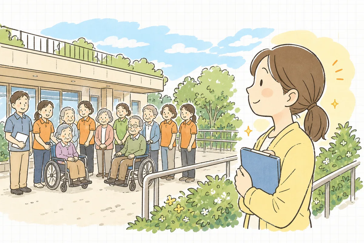 訓練を終えて集合場所に並ぶ職員と利用者を見守り、明るい空の下でほっとひと息つく介護事業所の事務担当者
