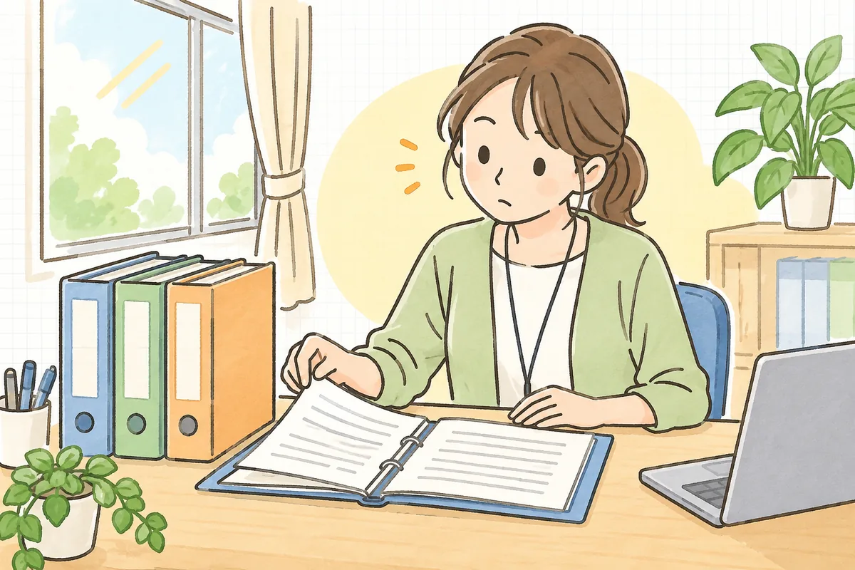 介護事業所の事務室で、職員ごとの書類ファイルを開き、1枚ずつ確かめながら少し考え込んでいる事務担当者