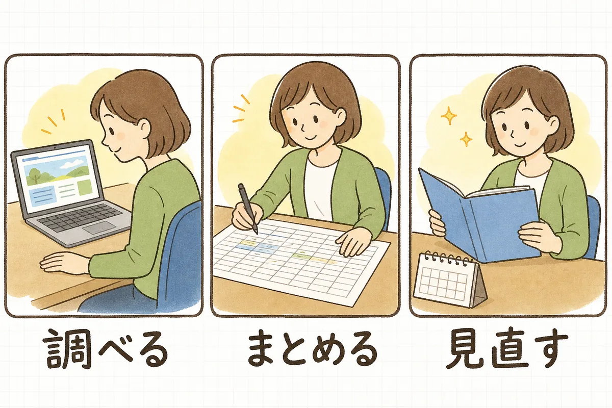 自治体のページで調べる、一覧表にまとめる、カレンダーの前で見直すという、保険者ごとのローカルルール管理の3つの場面が横に並んだ説明図