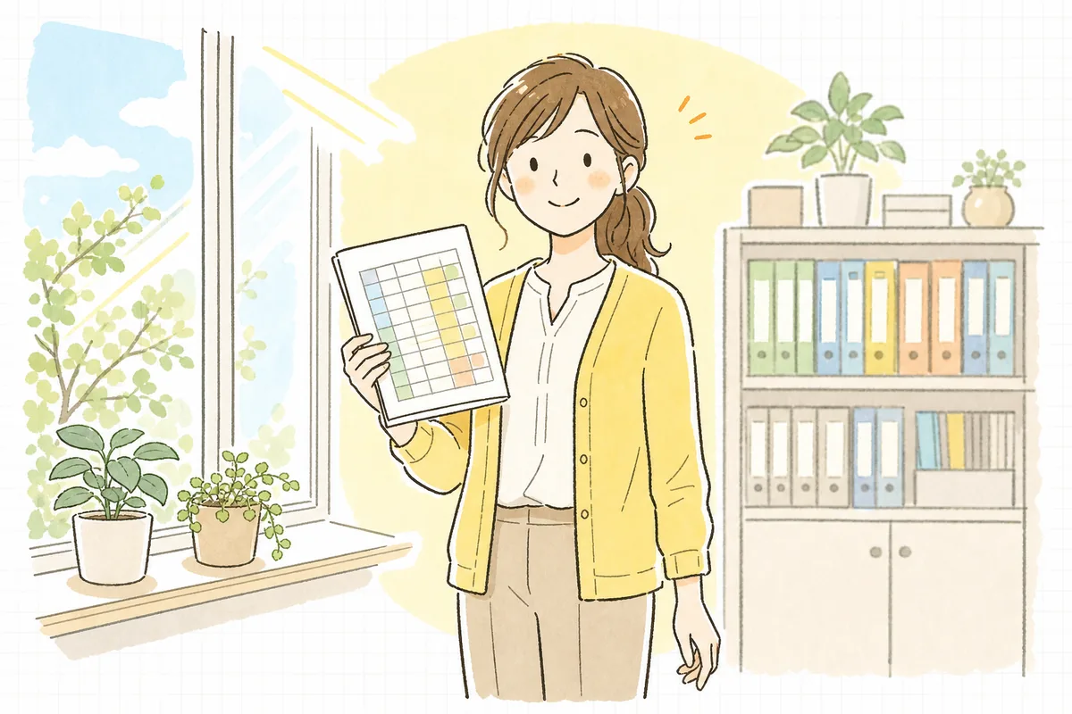 完成した保険者ごとの一覧表を手に、事務室の窓辺で明るい表情をしている介護事業所の事務担当者
