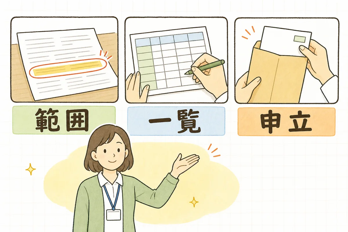 返還の事務を「範囲」「一覧」「申立」の3つの段階に分けて順番に示した、介護事業所の事務担当者の説明図
