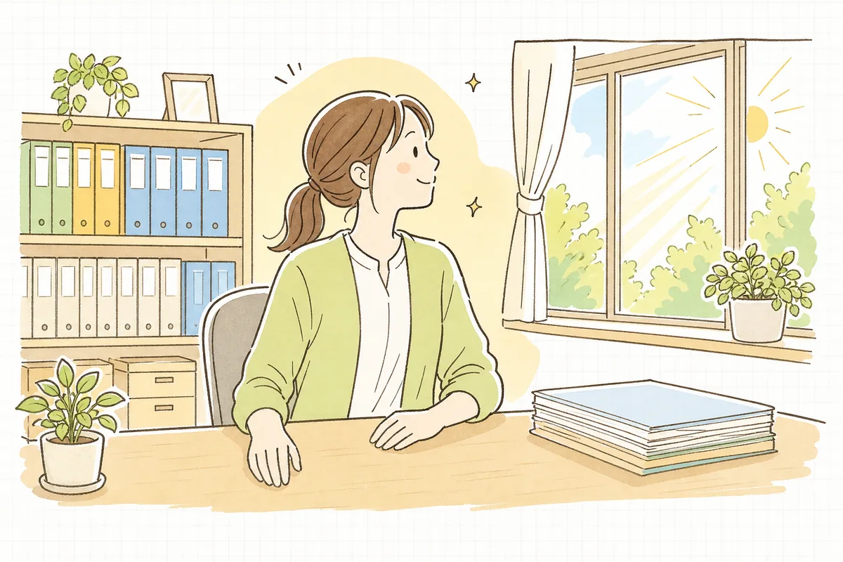 返還の手続きを終えて片づいた事務机のそばで、朝の光が差し込む窓の外を見ながら肩の力を抜いてほほえむ介護事業所の事務担当者