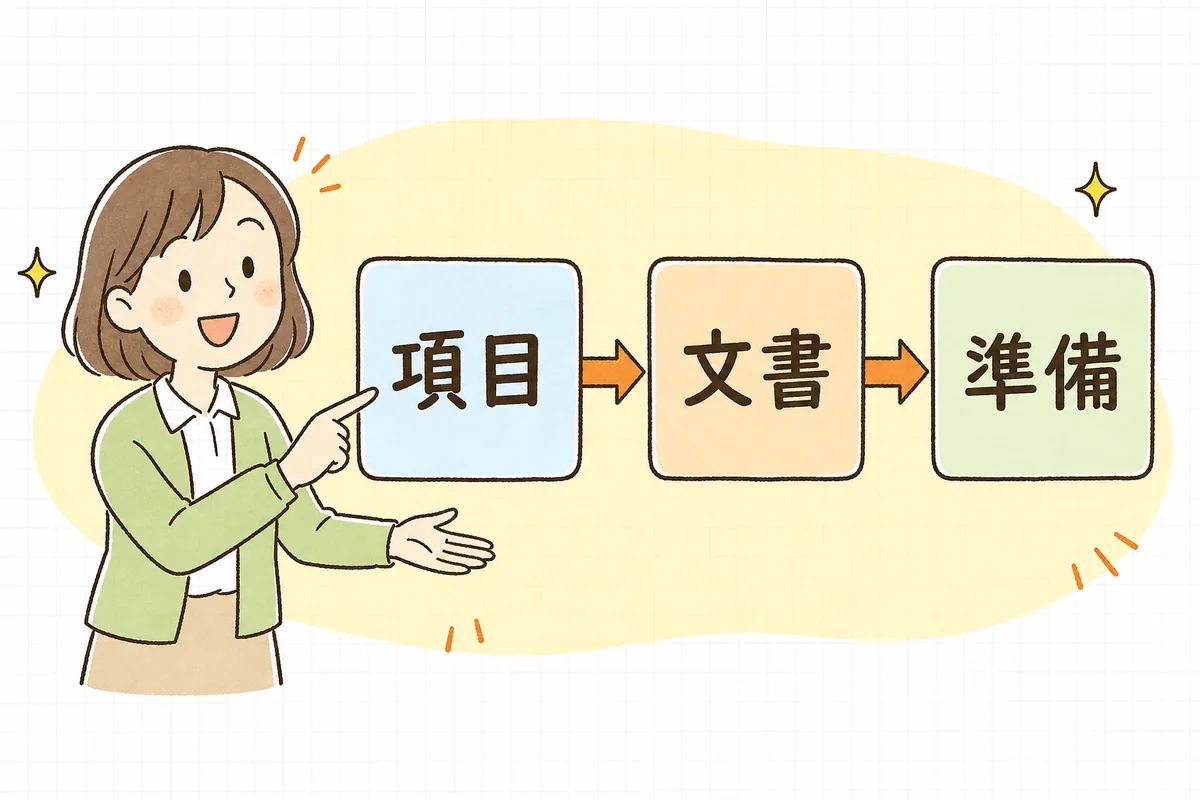 「項目」「文書」「準備」の3つの箱が左から順につながり、確認項目から必要書類、そして準備へと流れていく様子を明るく指し示す介護事業所の事務担当者