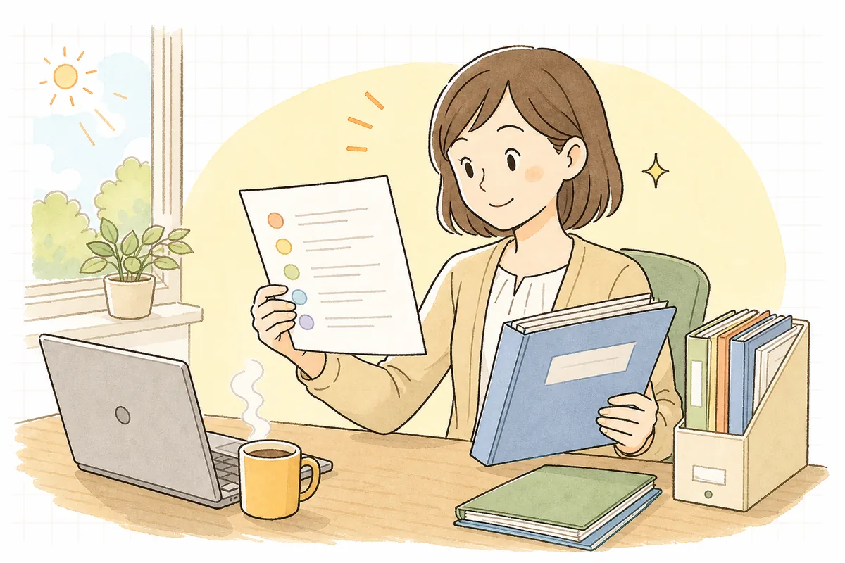 事務室の机で確認項目のリストと書類ファイルを見比べ、運営指導の準備範囲を確かめている介護事業所の事務担当者