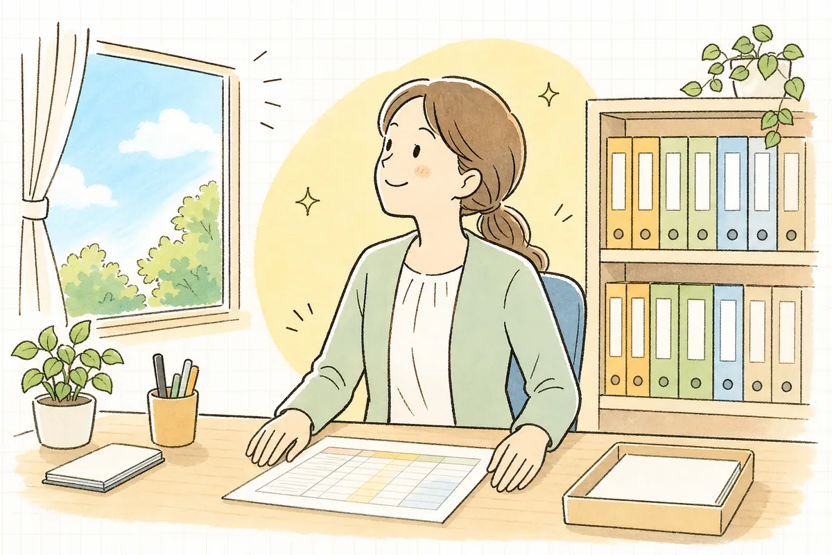 対応表を整え終えて肩の力を抜き、片づいた棚の前で晴れた窓の外を見てやわらかくほほえむ介護事業所の事務担当者