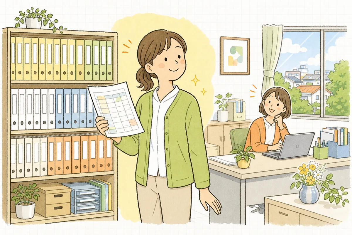 整理を終えて背表紙のそろったファイルが並ぶ棚の前で、年間計画表を手に穏やかな表情を見せている介護事業所の事務担当者