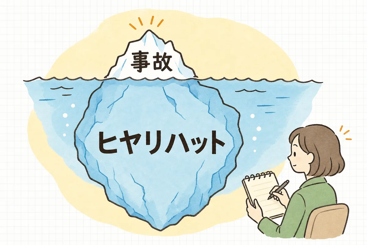 ヒヤリハットと事故の関係を、ヒヤリハットの積み重なりの先に事故があると示した氷山の図