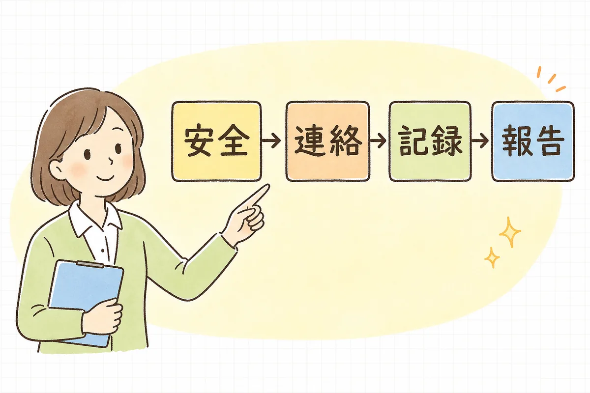 事故対応の流れを「安全確認・家族連絡・記録・報告」の4つの箱で順に示した説明図と、それを指し示す介護事業所の事務担当者