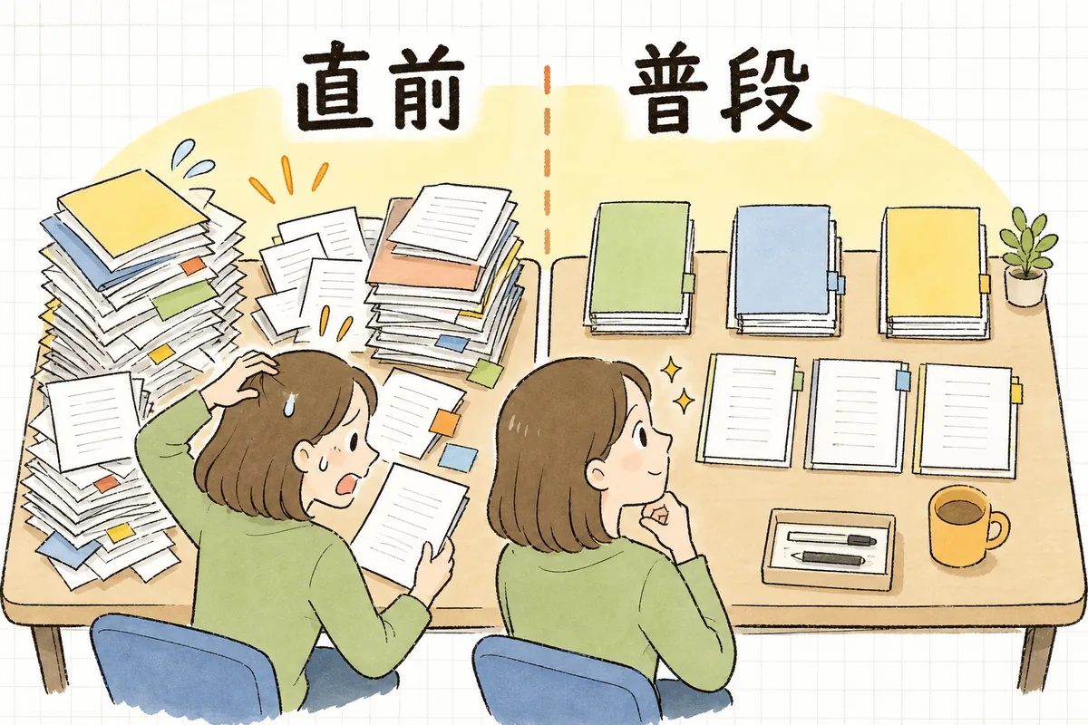 直前にまとめて確認する方法と、普段から少しずつ確認する方法を左右で比べ、普段からの方が負担が軽いと気づく介護事業所の事務担当者