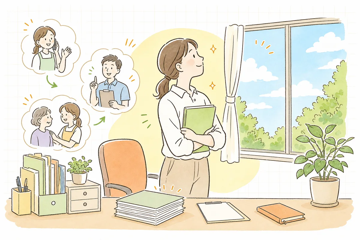 当面の体制を整え終えて、窓の外の明るい空を見上げてほっとひと息つく介護事業所の事務担当者