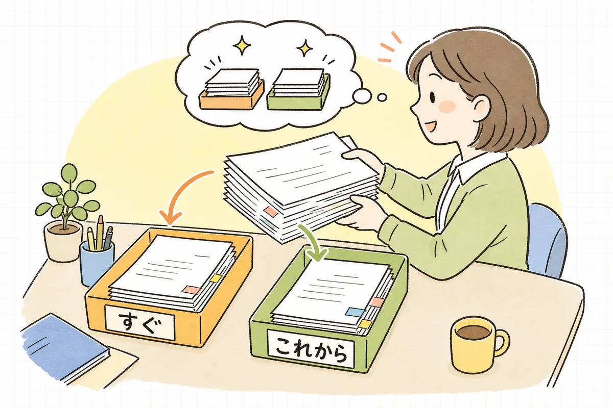 求められた書類を「すぐ出せる」「これから整える」の2つのトレーに仕分けし、見通しが立って表情がやわらぐ介護事業所の事務担当者