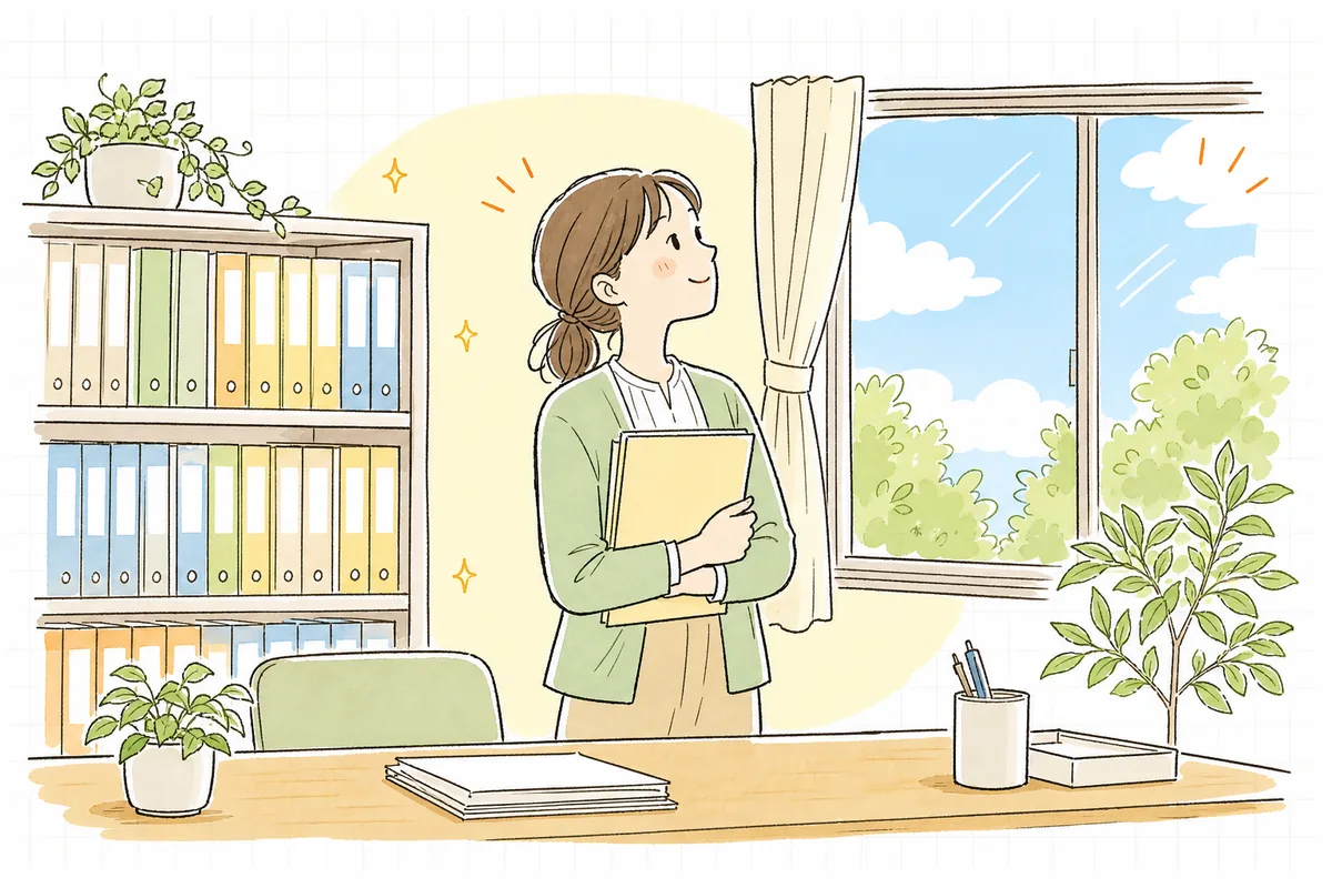準備の整ったファイル棚のそばで、窓の外の明るい空を見上げてほっとひと息つく介護事業所の事務担当者