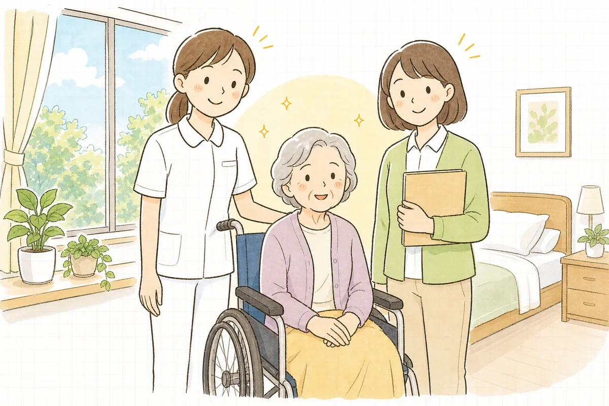 明るい居室の窓辺で、車いすの高齢の女性利用者と看護職員、事務担当者が穏やかにほほえんで過ごしている場面