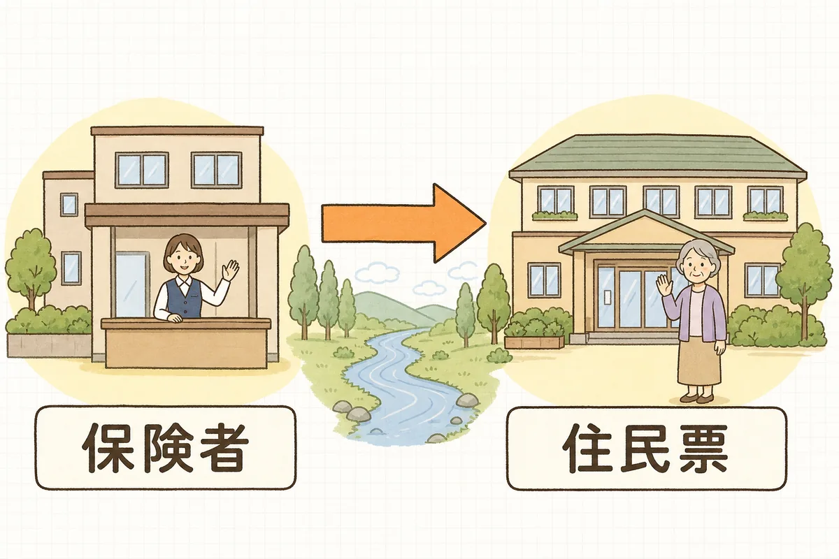 以前住んでいた町の役場が保険者のままで、住民票だけが施設のある町へ移ることを左右に並べて示した図