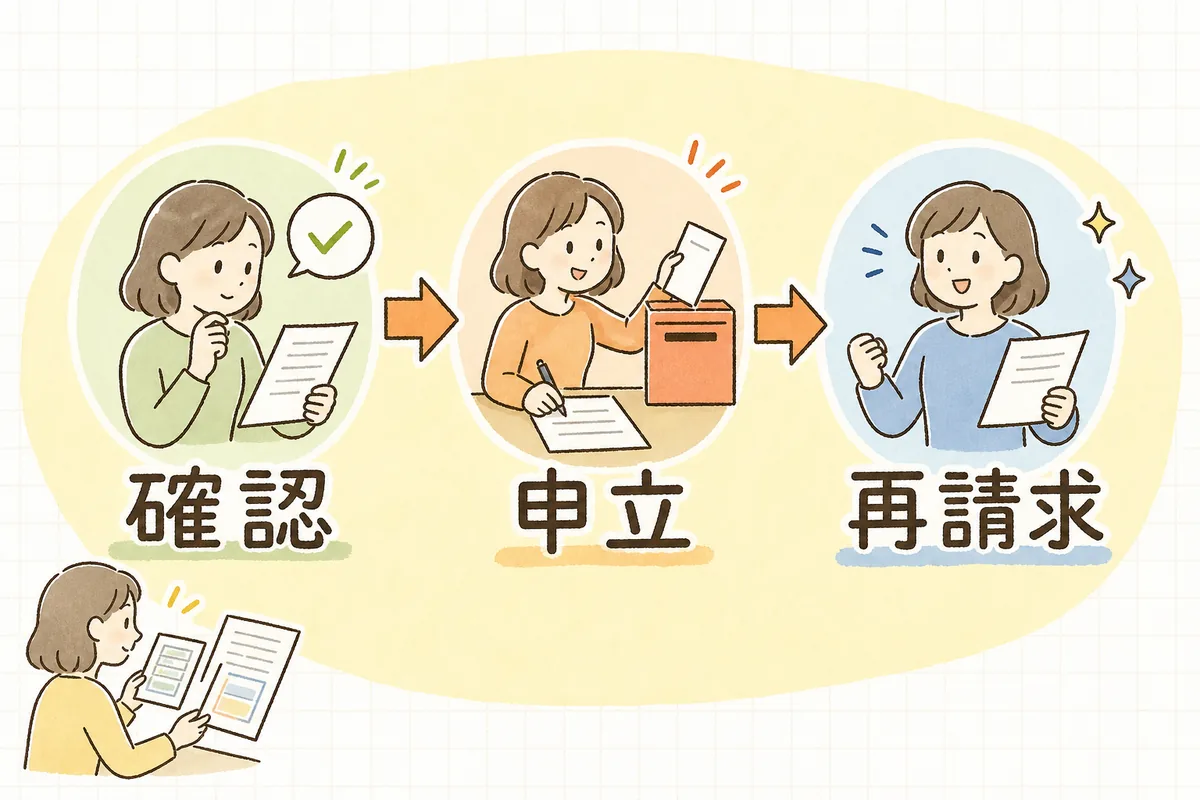 誤りの確認から過誤申立、再請求までの流れを左から右へ示した、やわらかい雰囲気の手順図