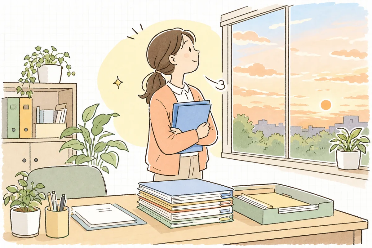 過誤申立と再請求を出し終え、片づいたデスクのそばで窓の外の夕方の空を見上げてほっとひと息つく介護事業所の事務担当者
