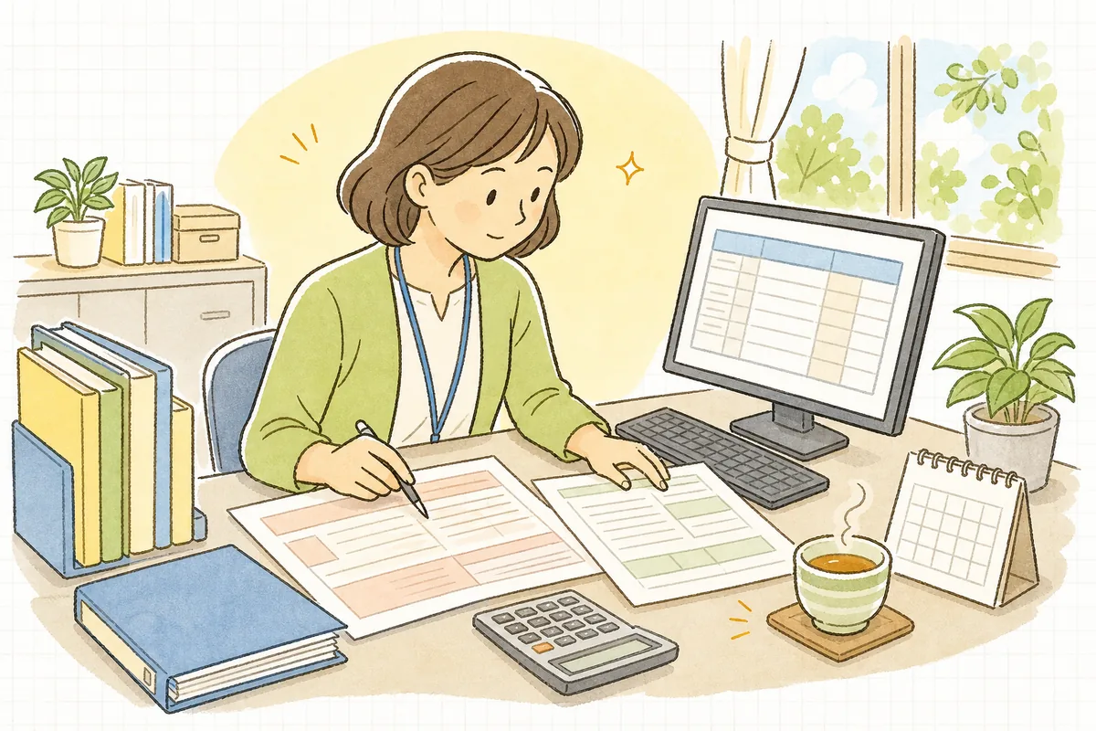 事務室の机で、福祉事務所から届いた介護券と請求データを見比べながら、生活保護利用者の公費請求を落ち着いて確認している介護事業所の事務担当者