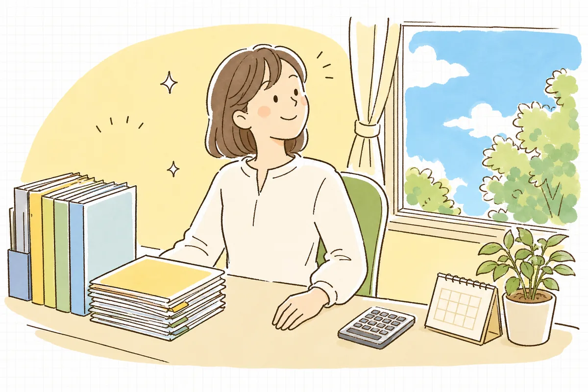 生活保護利用者の公費請求を無事に済ませ、片づいた机のそばで肩の力を抜いてほほえむ介護事業所の事務担当者