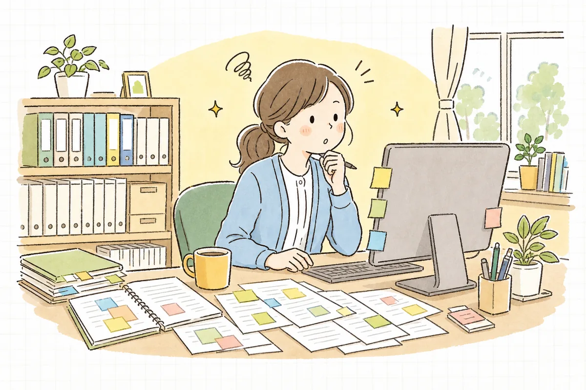 パソコンで介護報酬改定の情報を確認しながら、たくさんの情報の中でどれを信じればいいか少し迷っている介護事業所の事務担当者