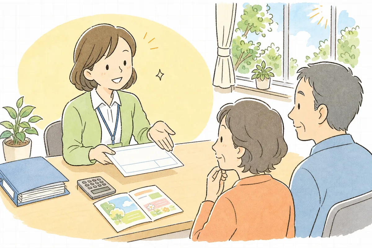 事務室のカウンターで、利用者のご家族に領収書を見せながら、医療費控除について落ち着いてやさしく説明している介護事業所の事務担当者