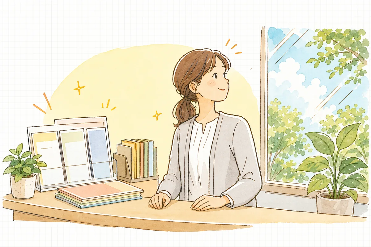 医療費控除の案内を終えて安心したご家族を見送り、片づいたカウンターのそばでやわらかくほほえむ介護事業所の事務担当者